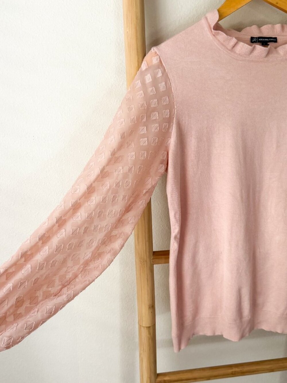 Adrianna Papell Pink Swiss Dot Sheer Sleeve Ruffle Sweater Top Large - Picture 2 of 5
